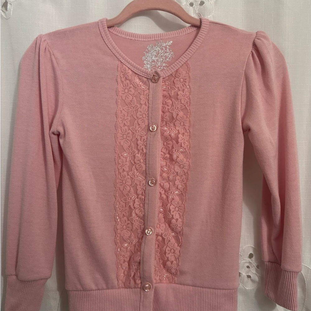 Poof Couture Brand, Pink Lace Trimmed Cardigan with Puff Sleeves
